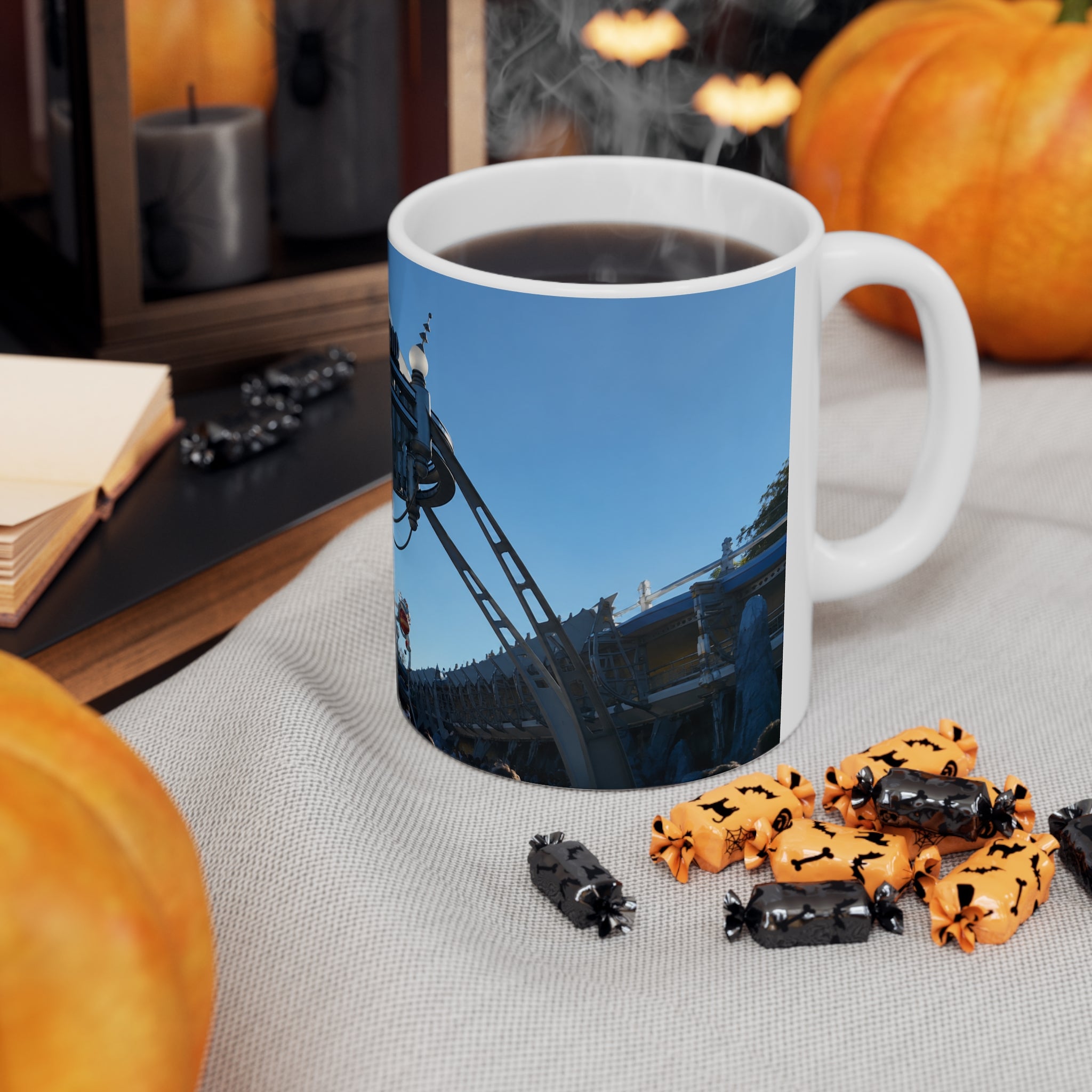 Tomorrowland Sign Photo Ceramic Mug — Vintage Carnival Sky Coffee Cup (11oz/15oz)