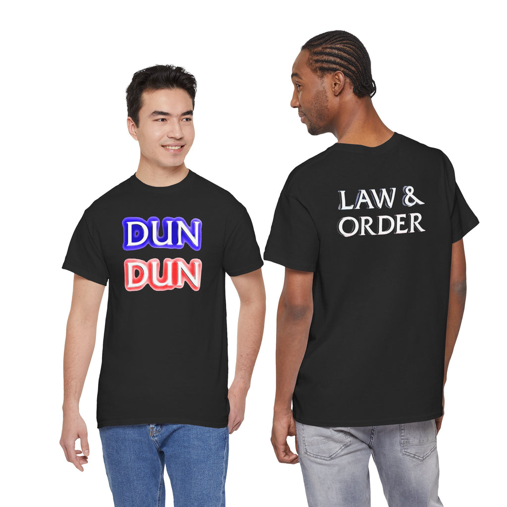 DUN DUN / Law & Order Graphic Tee — Retro Red & Blue Text Shirt
