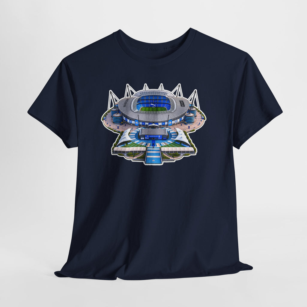 Manchester City Etihad Stadium Illustration T-Shirt — Retro Soccer Arena Graphic Tee