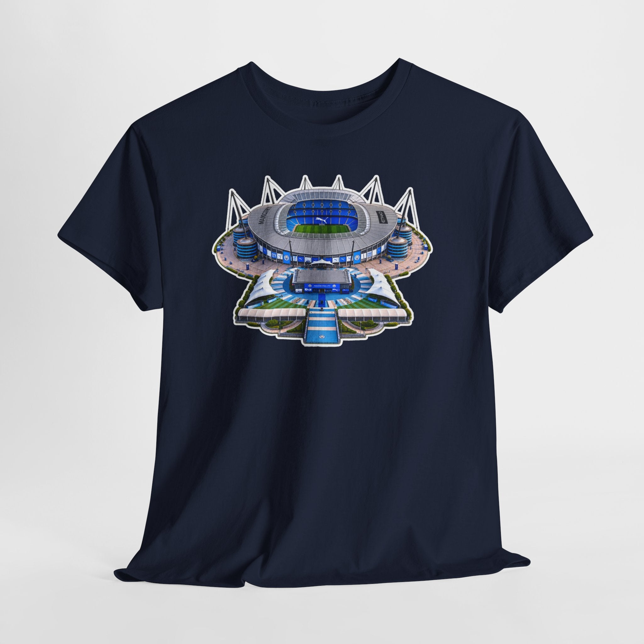 Manchester City Etihad Stadium Illustration T-Shirt — Retro Soccer Arena Graphic Tee