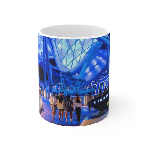 Blue Neon Cityscape Mug — Vibrant Nighttime Urban Photography Ceramic Coffee Cup (11oz & 15oz)