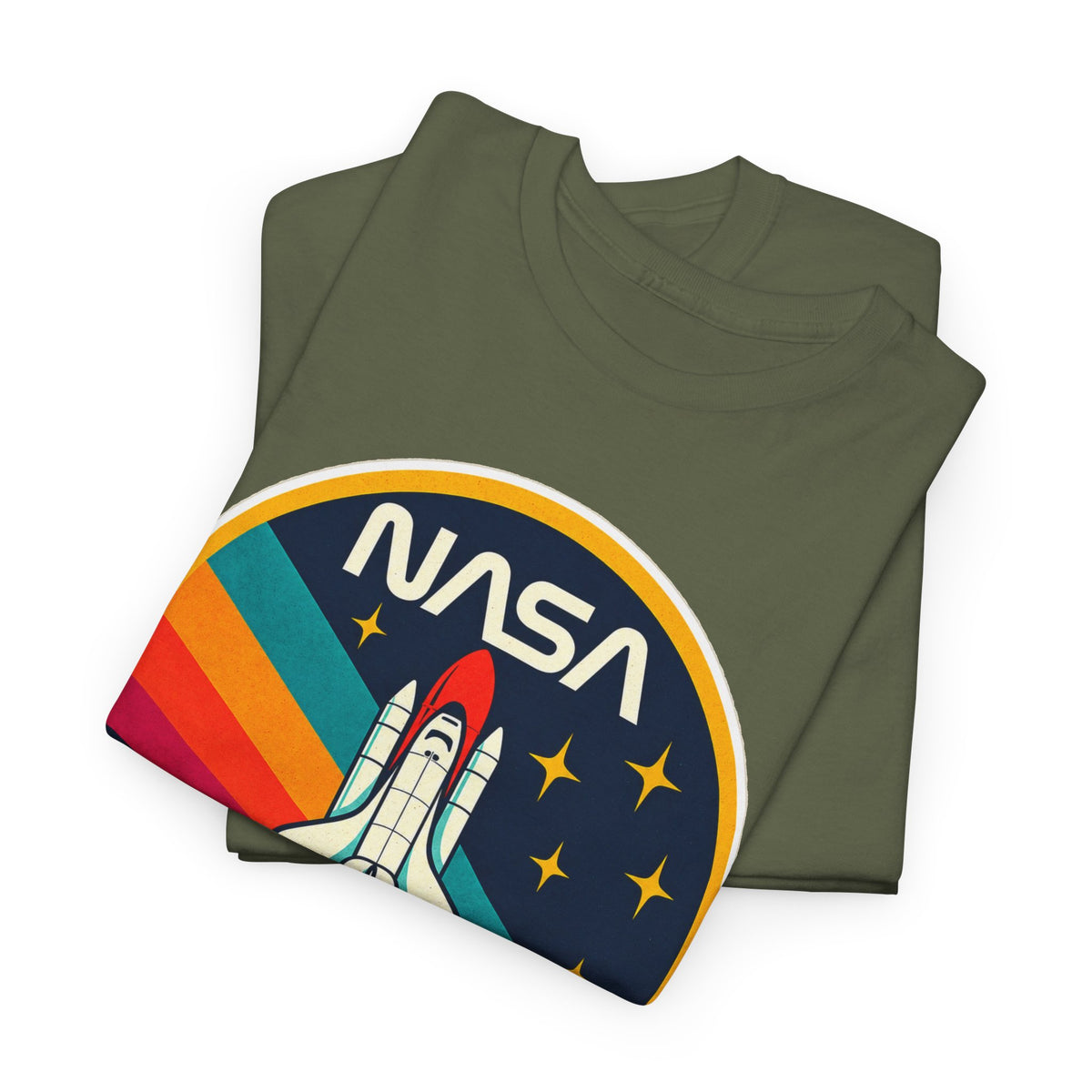 NASA Retro Rocket T‑Shirt — Vintage Space Shuttle Tee with Rainbow Trail