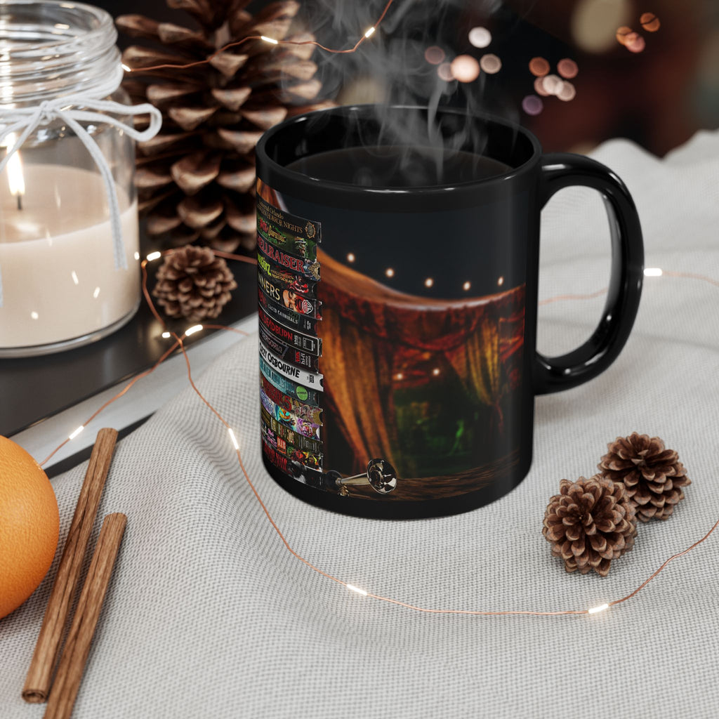 Gothic Horror Bookstack Black Coffee Mug — Vintage Circus, Witchy Reading Vibe (11oz/15oz)