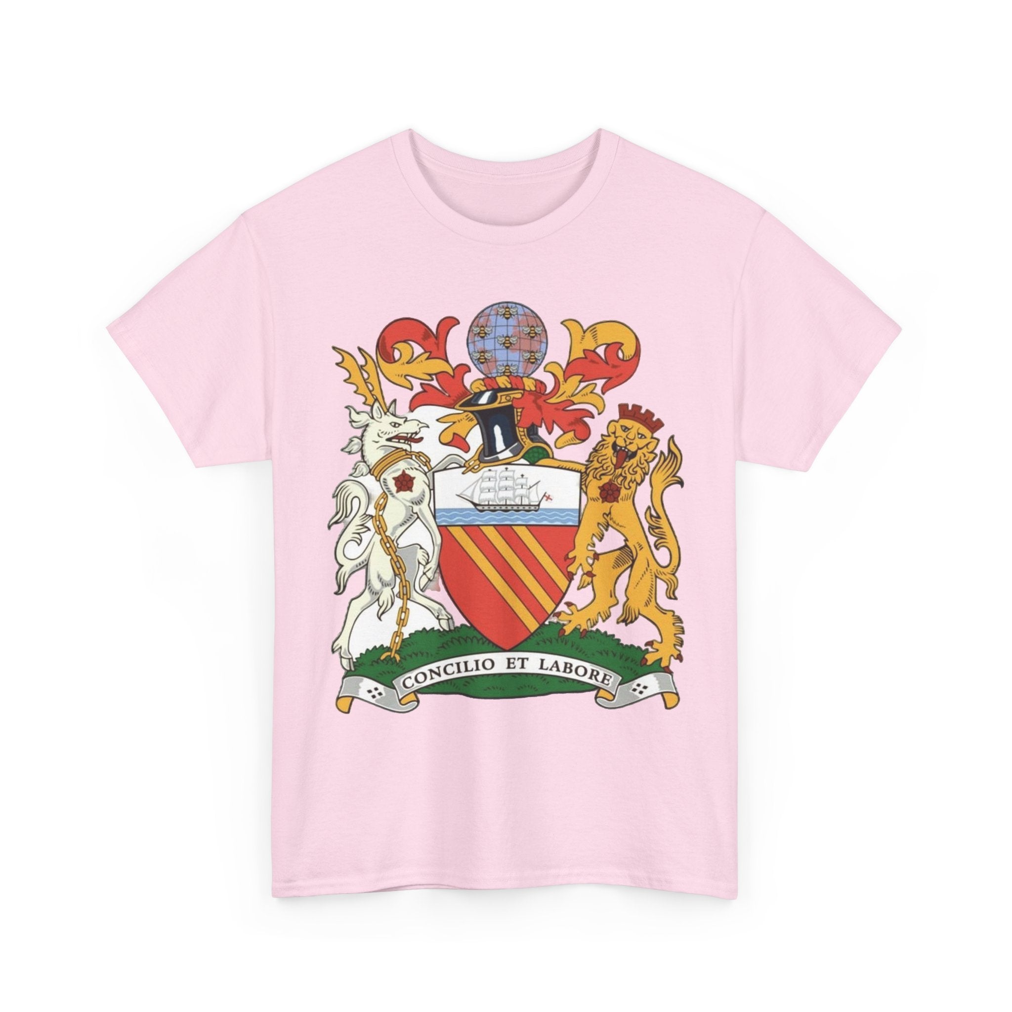 Manchester Coat of Arms Crest T‑Shirt — Heraldic Family Shield Tee with 'Concilio et Labore' Banner