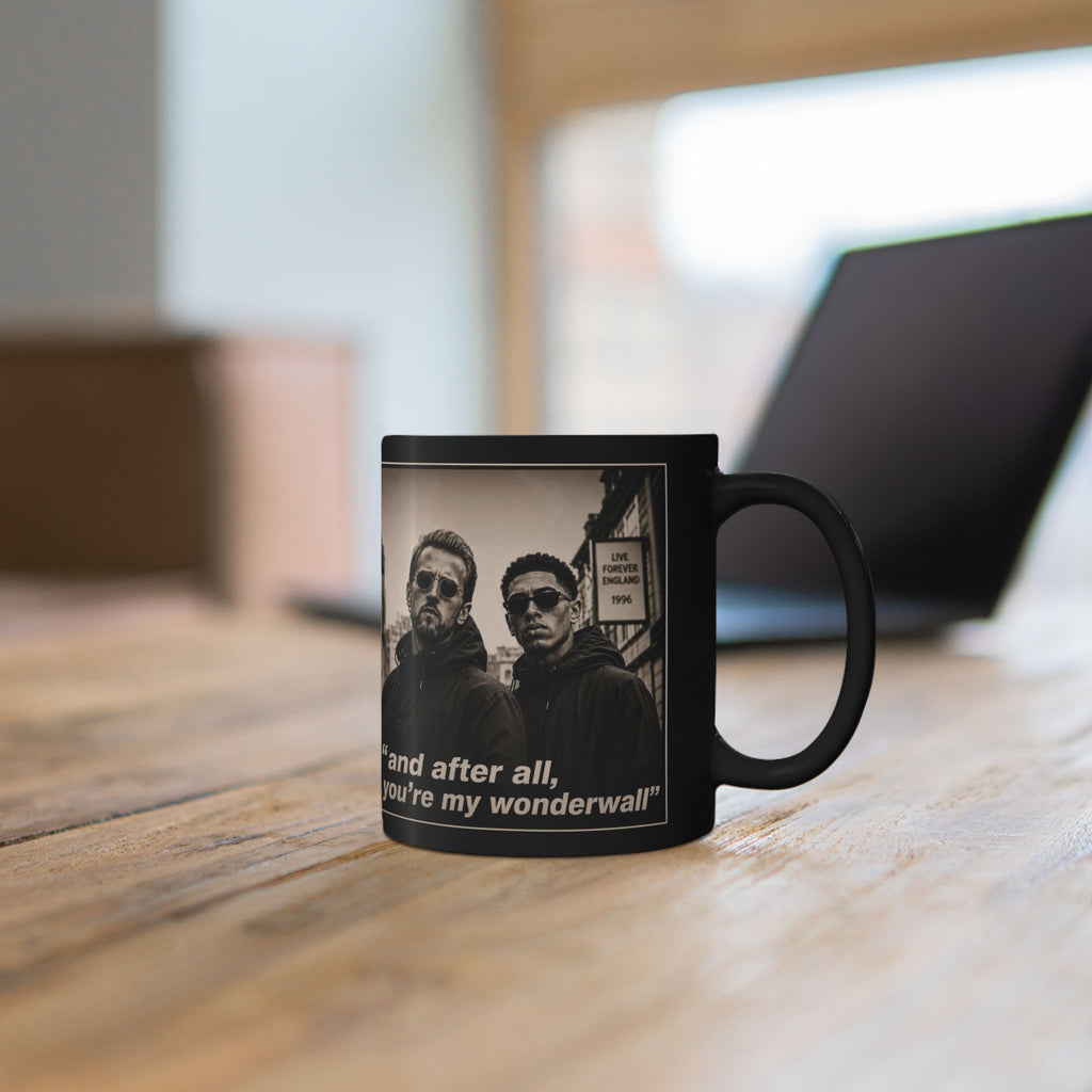 Kane and Bellingham Lyric Photo Black Mug — “and after all, you’re my wonderwall” Band Tribute Coffee Cup