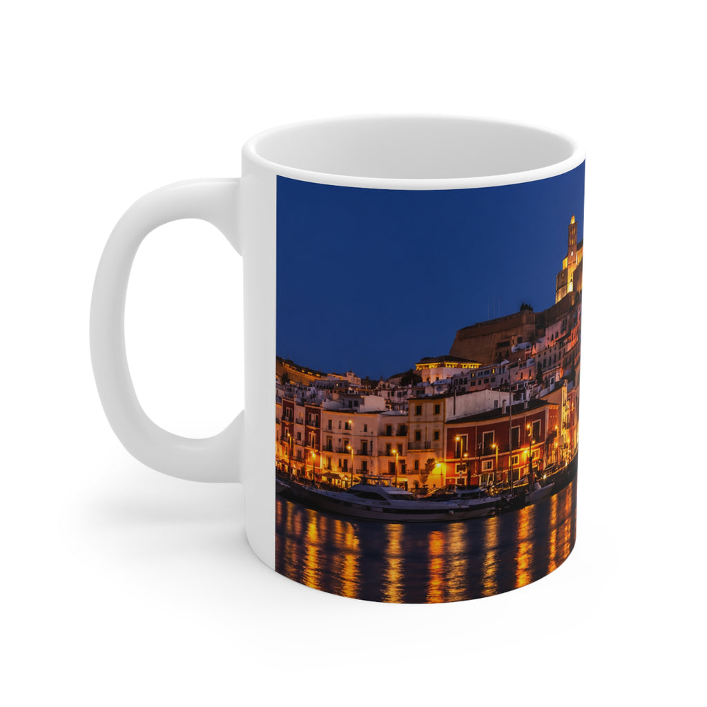 Night Harbor Cityscape Mug — Coastal Italy Evening Panorama Ceramic Coffee Cup (11oz, 15oz)
