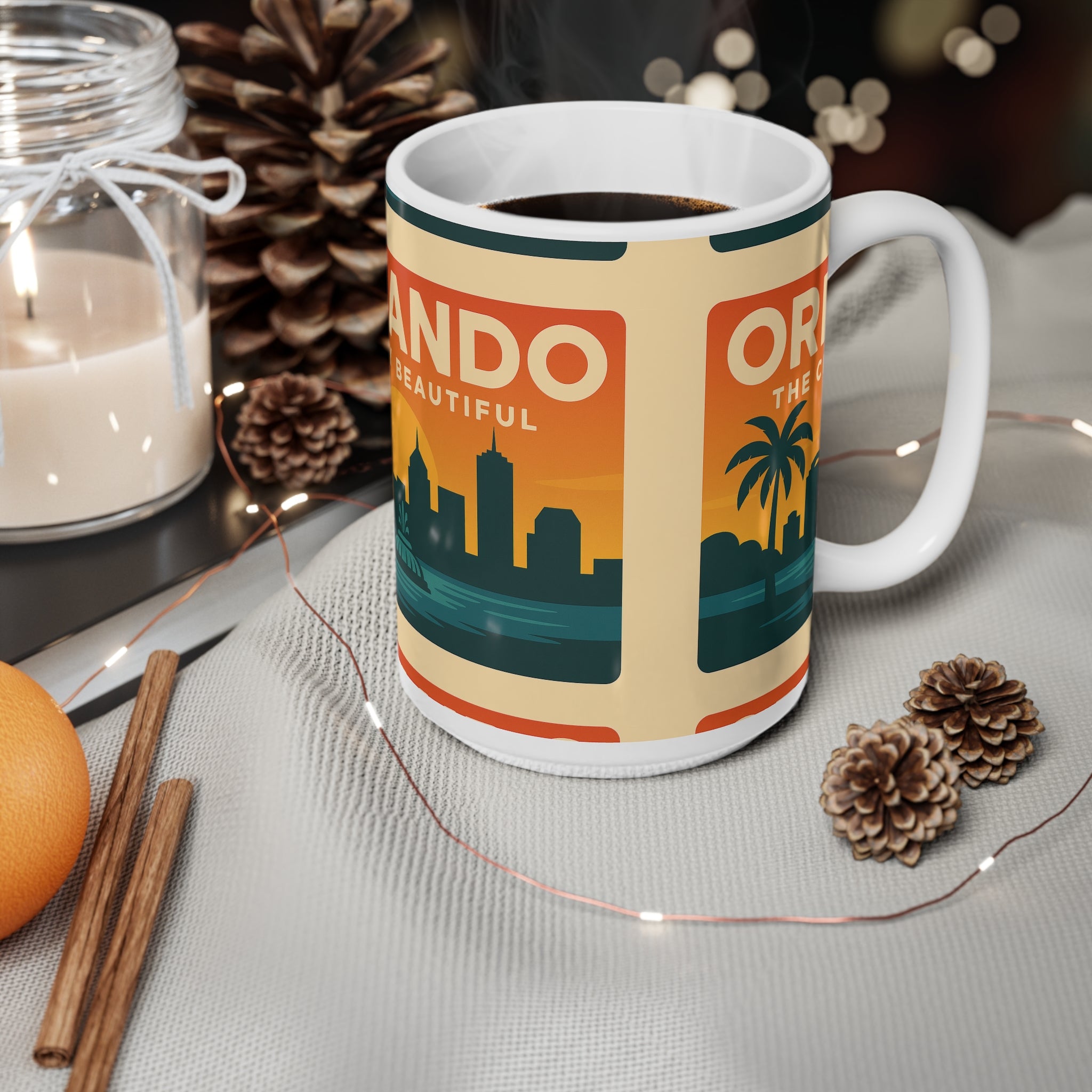 Orlando 'The City Beautiful' Orange Skyline Coffee Mug — Retro Travel Ceramic Cup (11oz & 15oz)