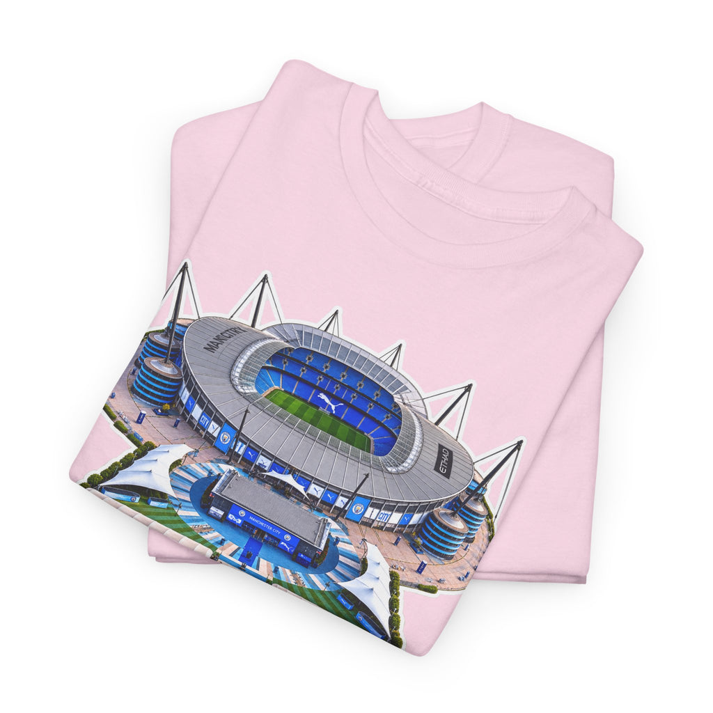 Manchester City Etihad Stadium Illustration T-Shirt — Retro Soccer Arena Graphic Tee