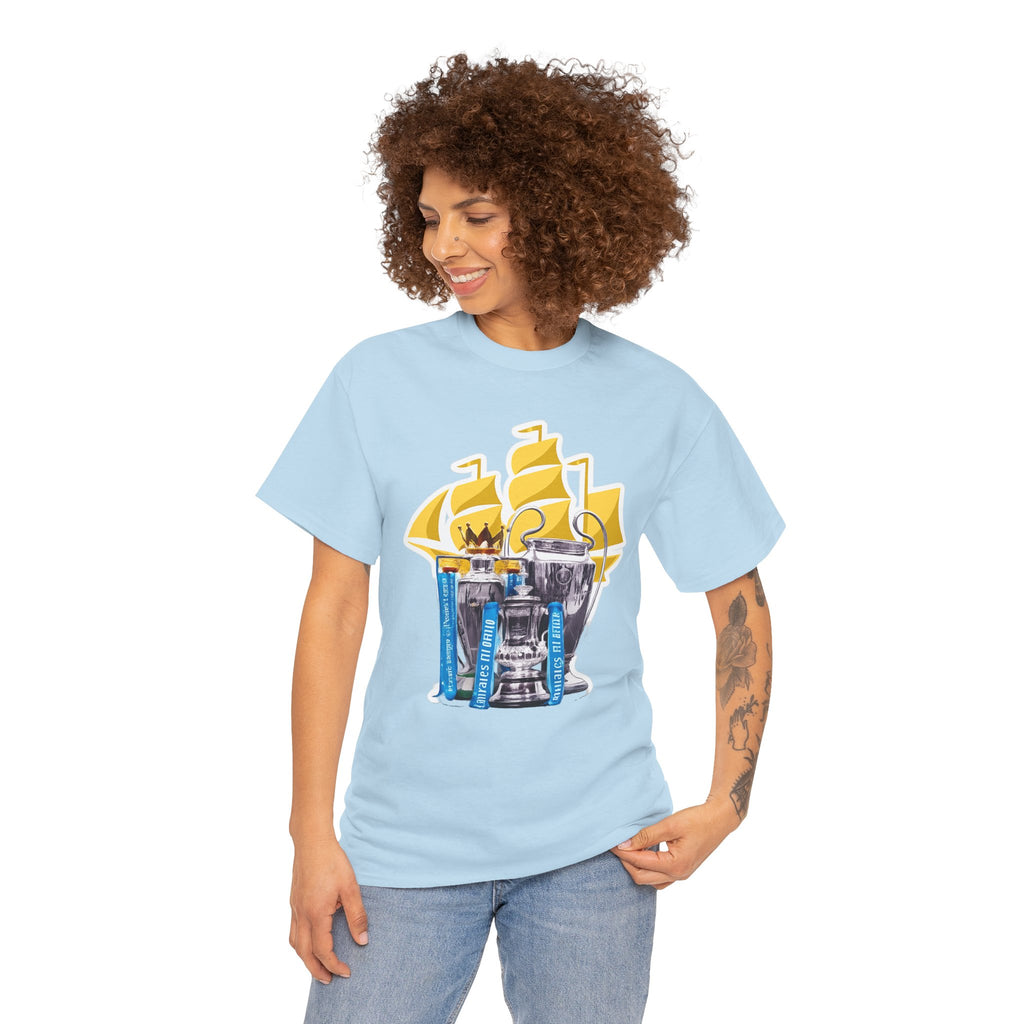 Manchester City Champions Trophy Tee – Golden Cups & Blue Scarves Football Fan Shirt