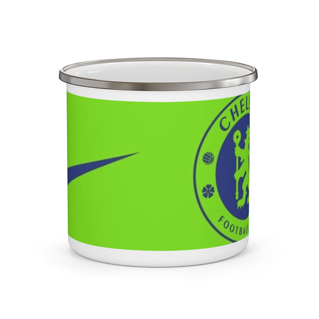 Chelsea Football Club Inspired Enamel Camping Mug — Neon Green Crest Camp Coffee Cup