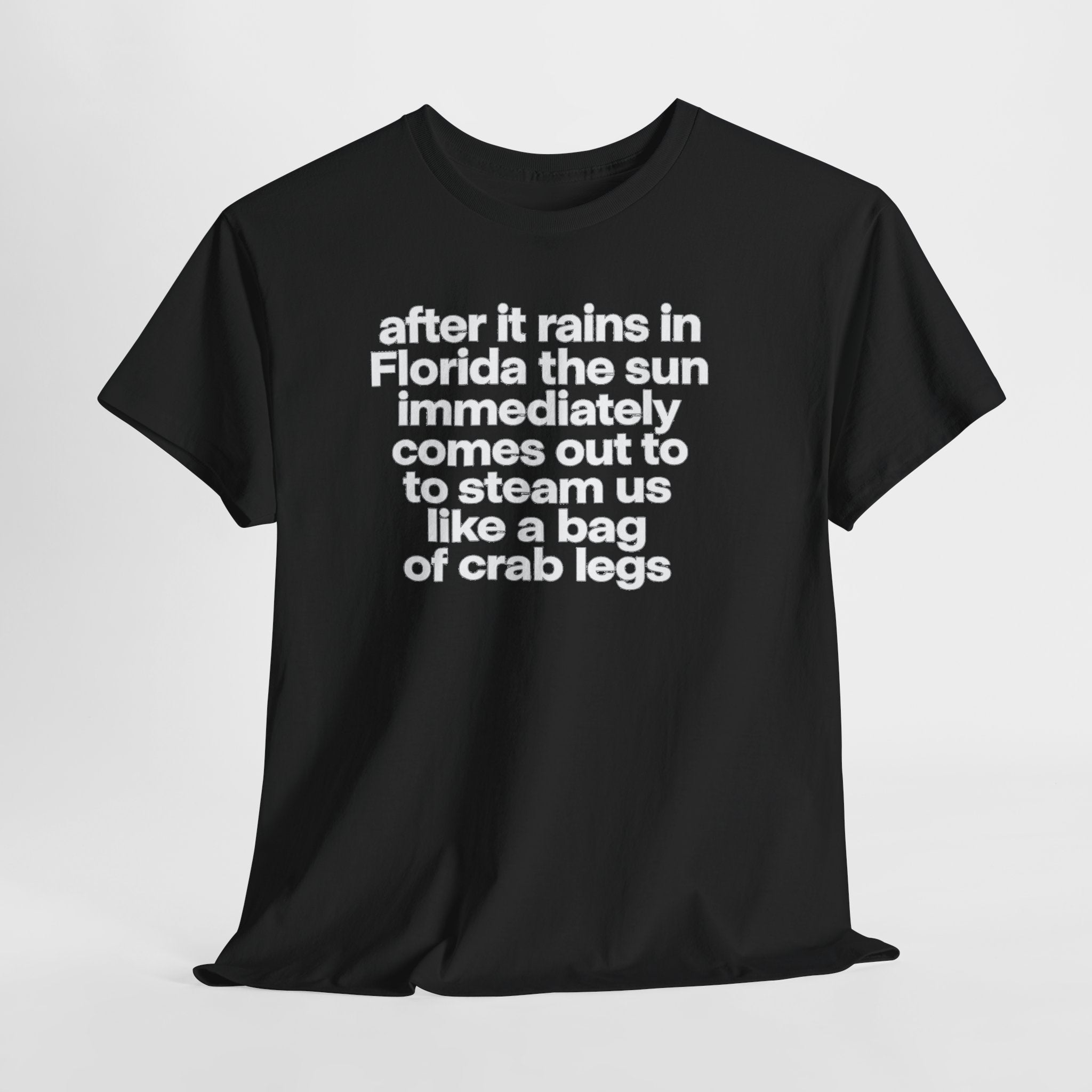 T-Shirt — "after it rains in Florida the sun immediately comes out to steam us like a bag of crab legs" Funny Florida Weather Tee