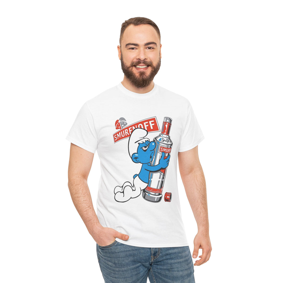 Smurf Holding Bottle Graphic Tee — "Smurf Off" Retro Cartoon T-Shirt
