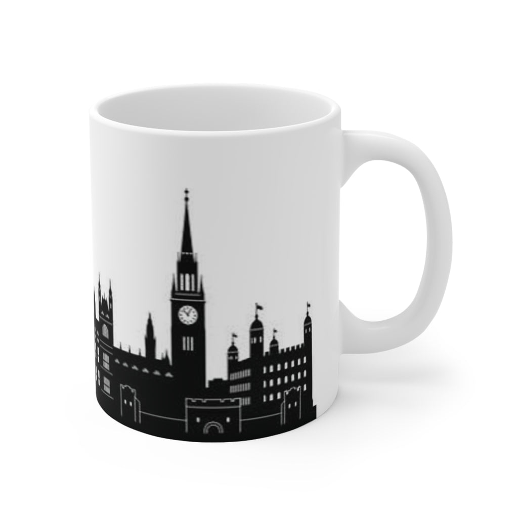 London Skyline Coffee Mug — Black & White Big Ben, London Eye Ceramic Mug (11oz & 15oz)