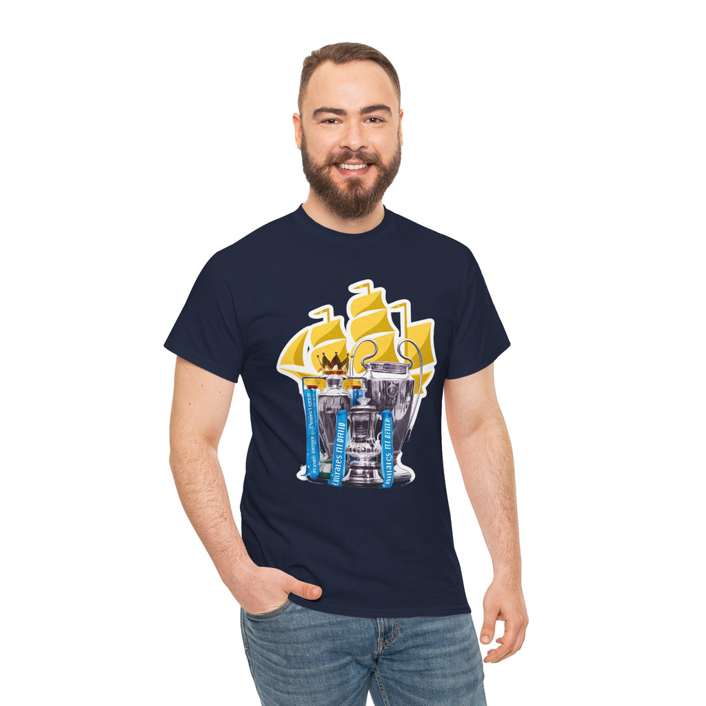 Manchester City Champions Trophy Tee – Golden Cups & Blue Scarves Football Fan Shirt