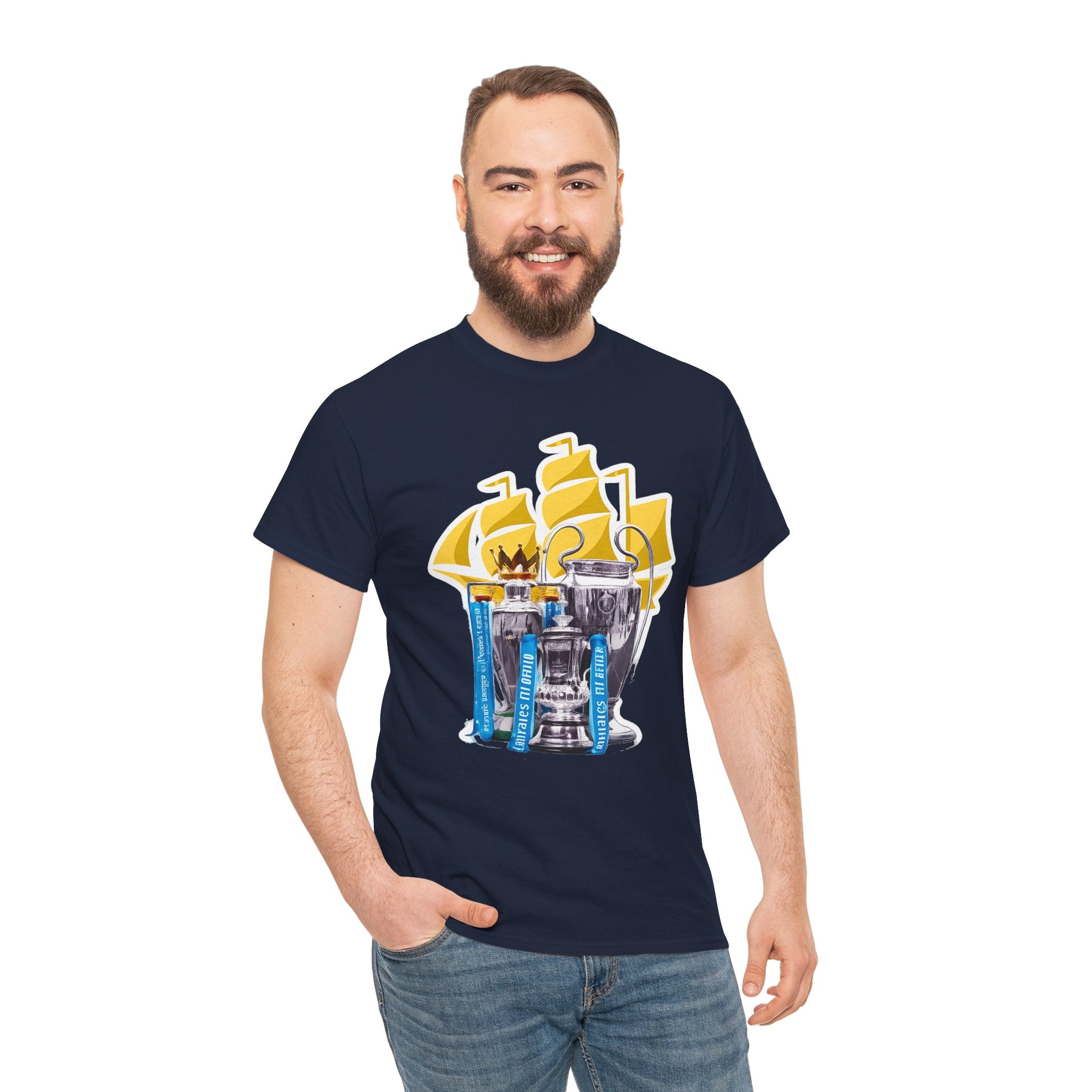 Manchester City Champions Trophy Tee – Golden Cups & Blue Scarves Football Fan Shirt