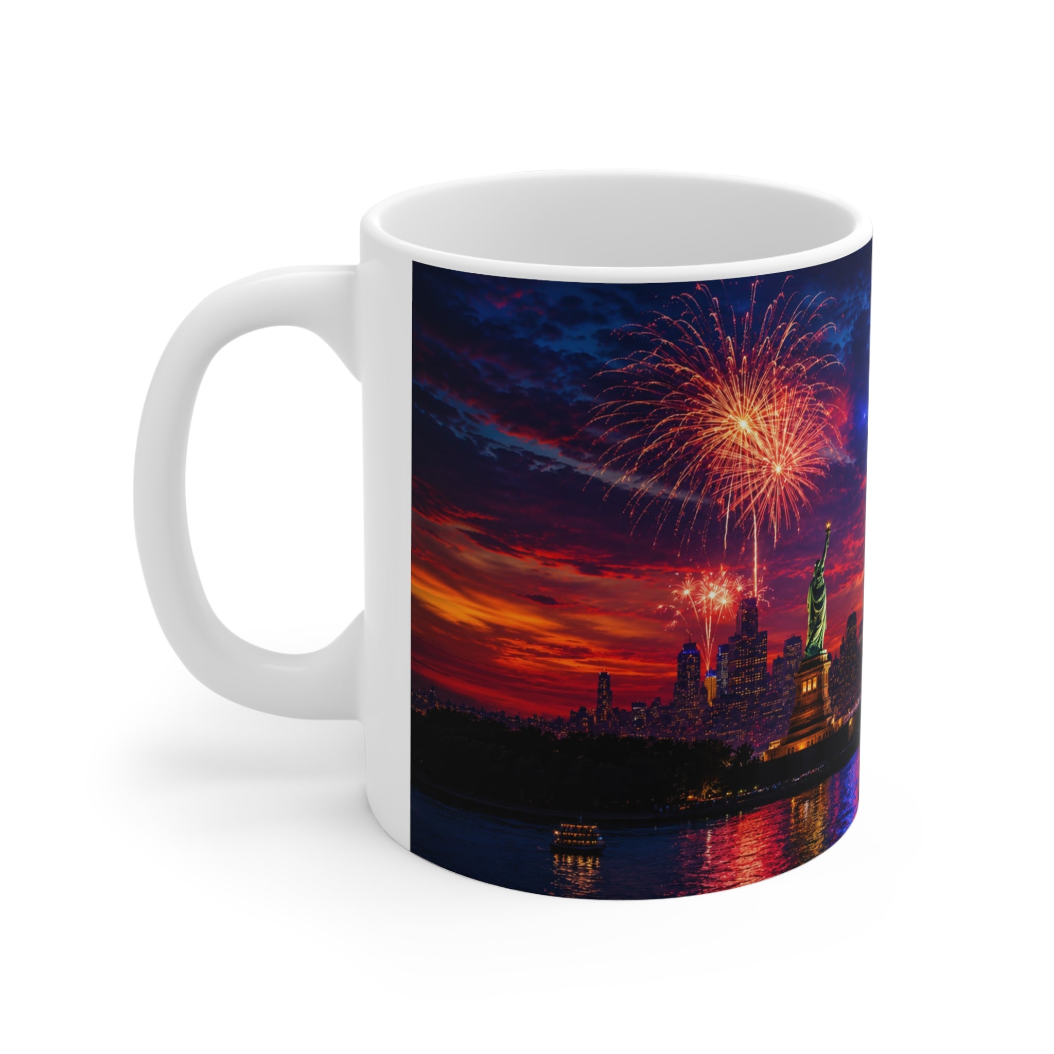 New York City Fireworks Skyline Ceramic Mug — Statue of Liberty 4th of July Coffee Cup (11oz & 15oz)