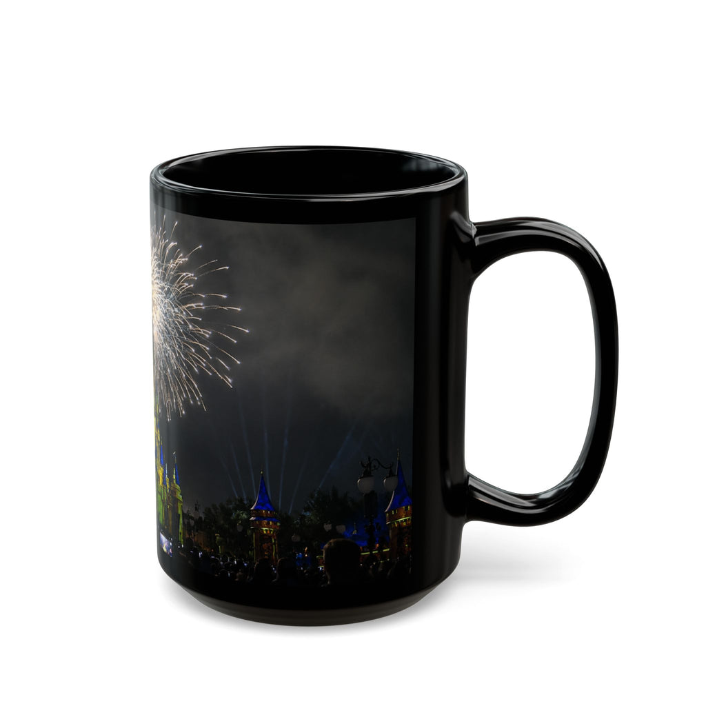 Fireworks MK Castle Black Mug — Nighttime Theme Park Coffee Cup (11oz/15oz)