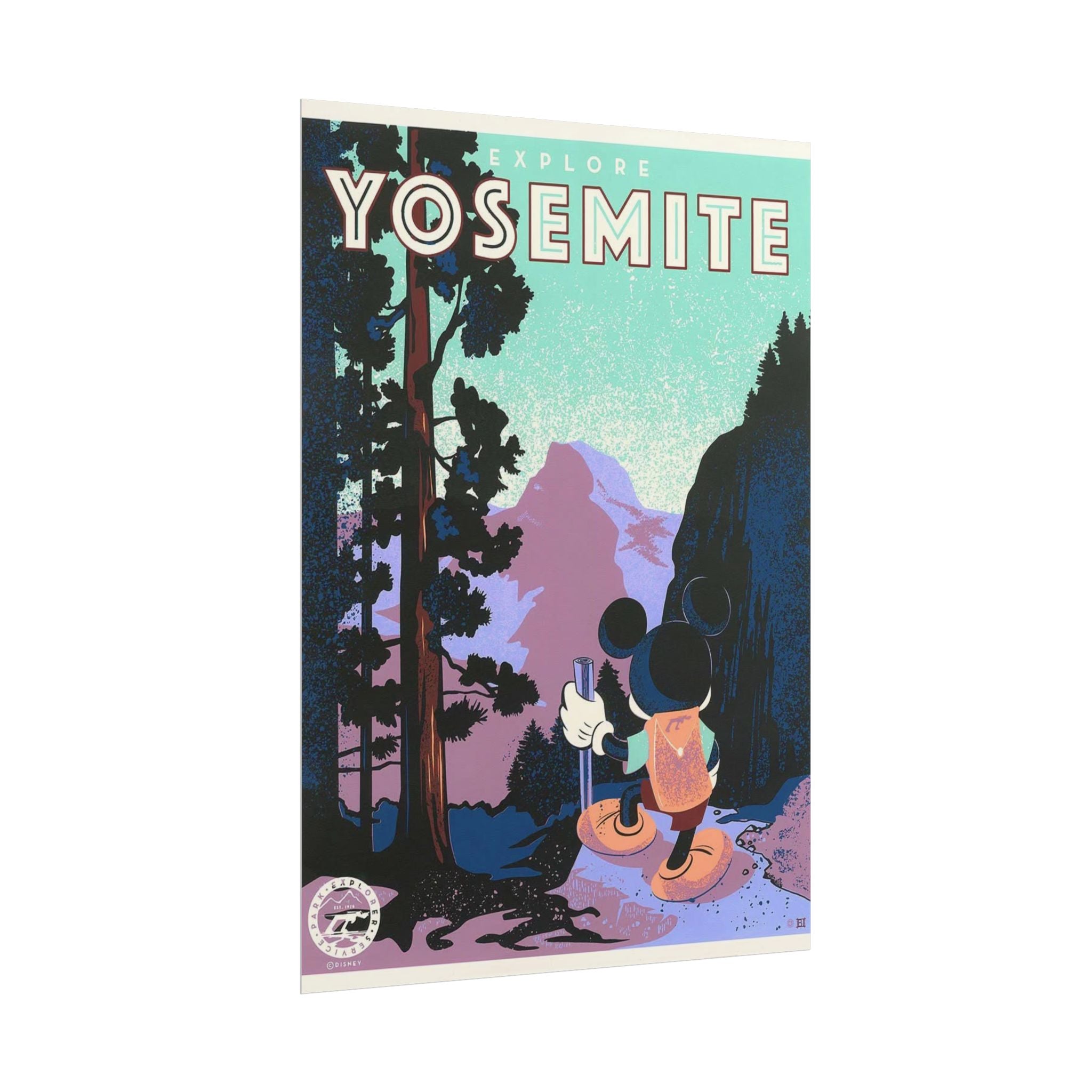 Yosemite Vintage Travel Poster — Mickey Mouse Hiking Rolled Poster
