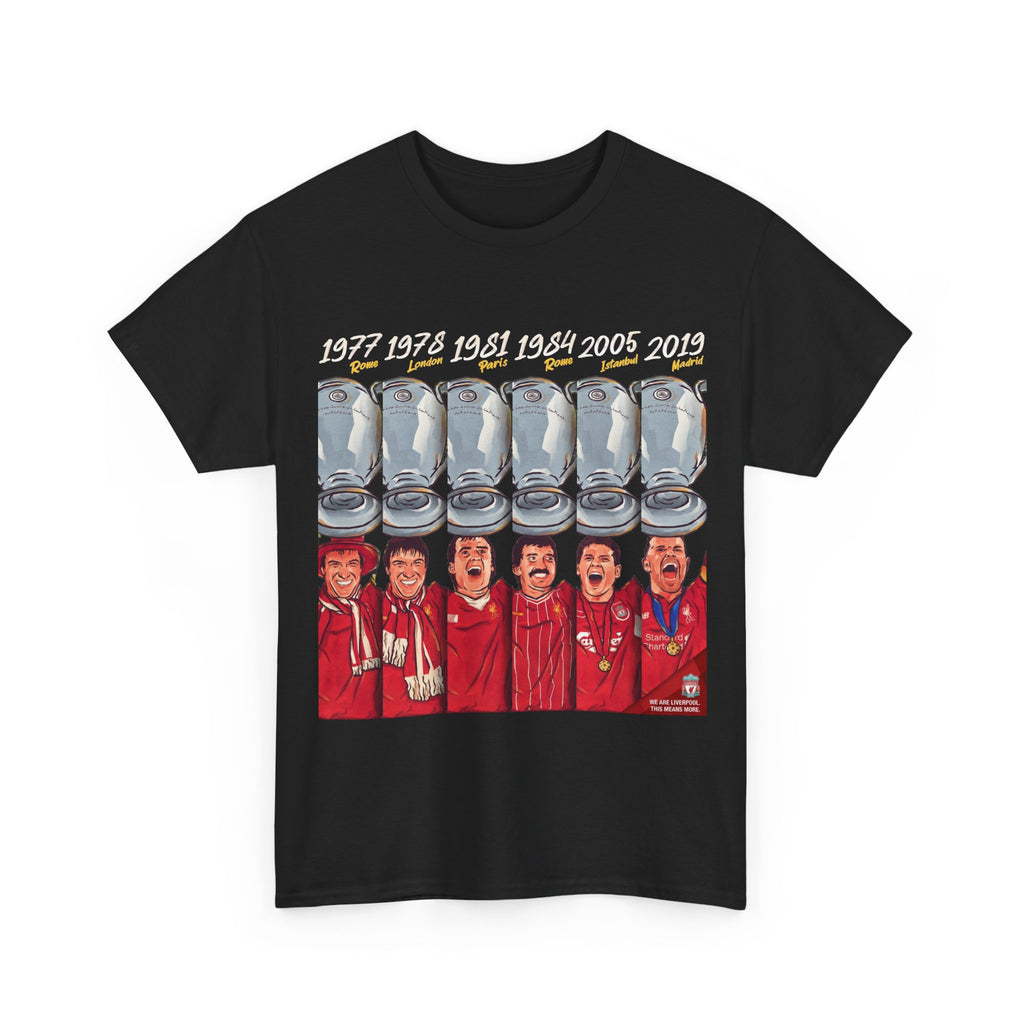 Liverpool Champions Timeline Tee — Liverpool European Cup Winners (1977, 1978, 1981, 1984, 2005, 2019)