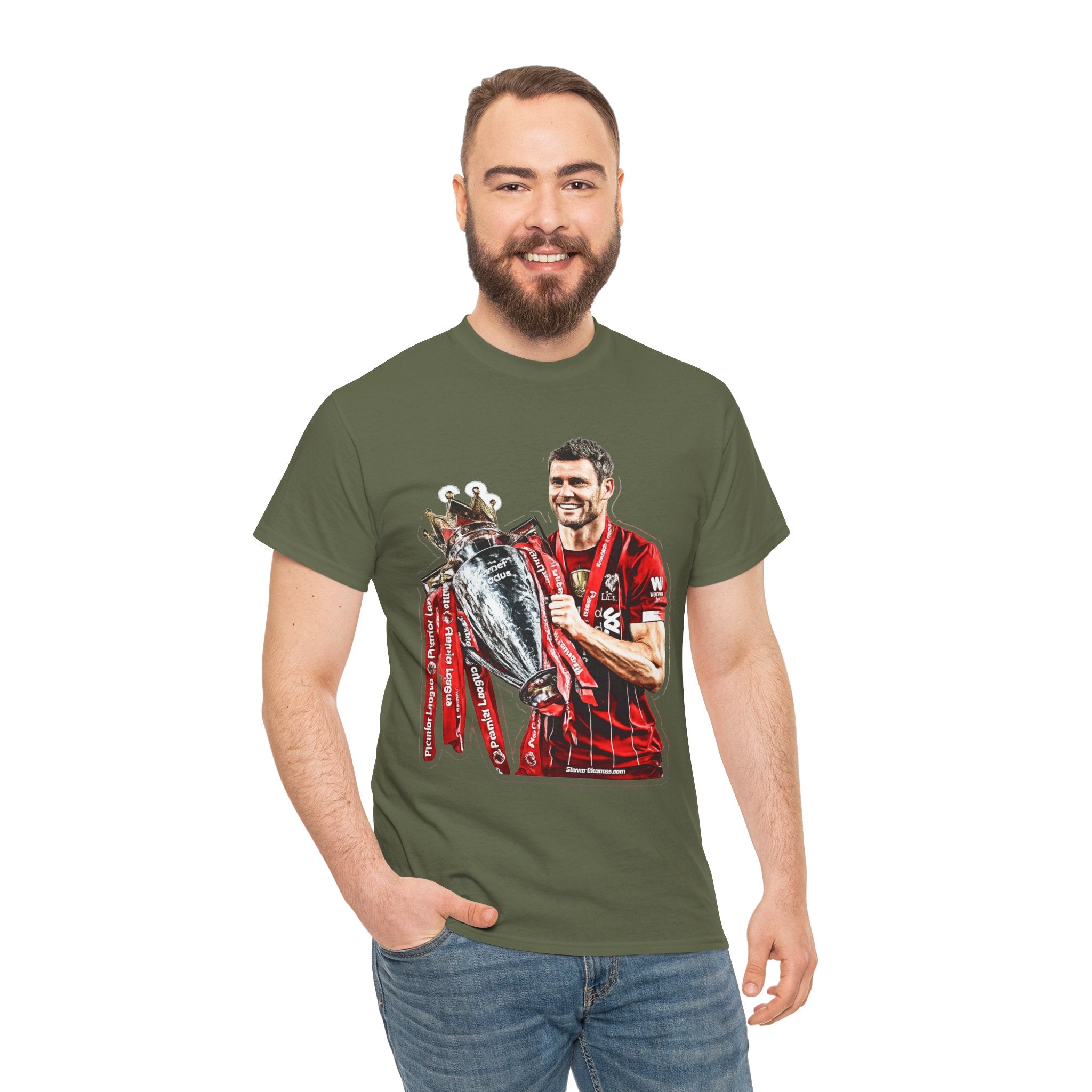 James Milner Liverpool Premier League Champion Trophy T-Shirt — Player Holding Premier Trophy