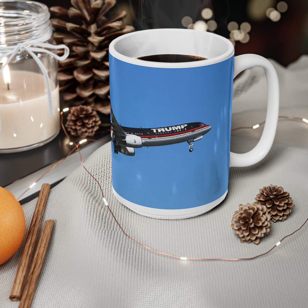Trump Airplane Photo Ceramic Mug — Blue Sky Jet Coffee Cup (11oz & 15oz)