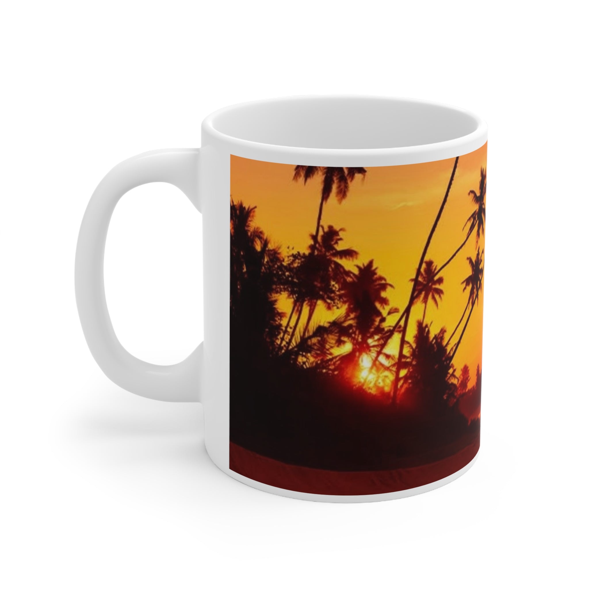 A Place in the Sun - Sunset Palm Beach Mug – Tropical Sunrise Ceramic Coffee Cup (11oz & 15oz)