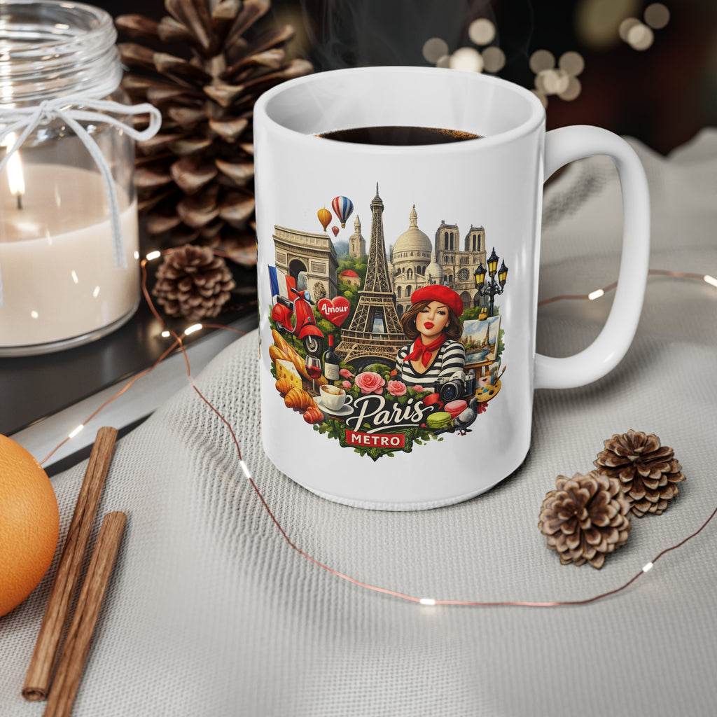 Paris landscape Ceramic Coffee Mug — Eiffel Tower, Baguettes & Metro Design (11oz/15oz)