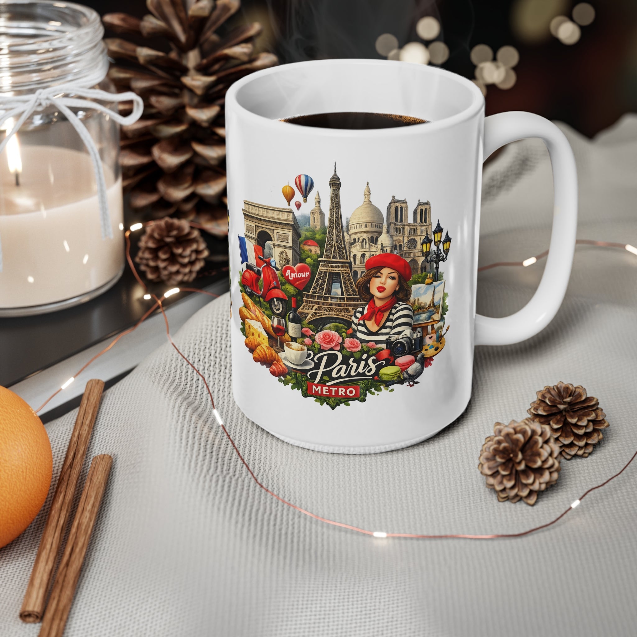 Paris landscape Ceramic Coffee Mug — Eiffel Tower, Baguettes & Metro Design (11oz/15oz)