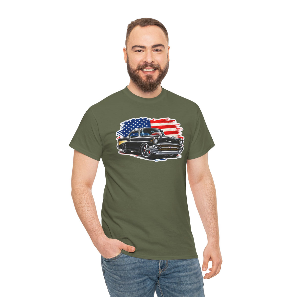 American Muscle Car T‑Shirt — Classic Vintage Car with USA Flag