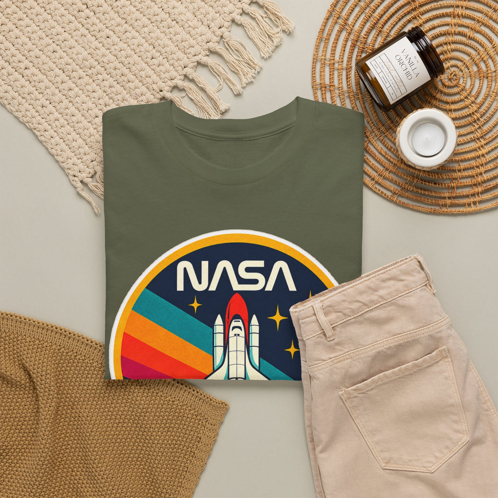 NASA Retro Rocket T‑Shirt — Vintage Space Shuttle Tee with Rainbow Trail