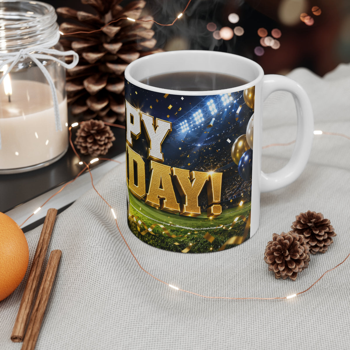 Happy Birthday Soccer Fan Ceramic Mug — Gold Stadium Football Birthday Coffee Cup