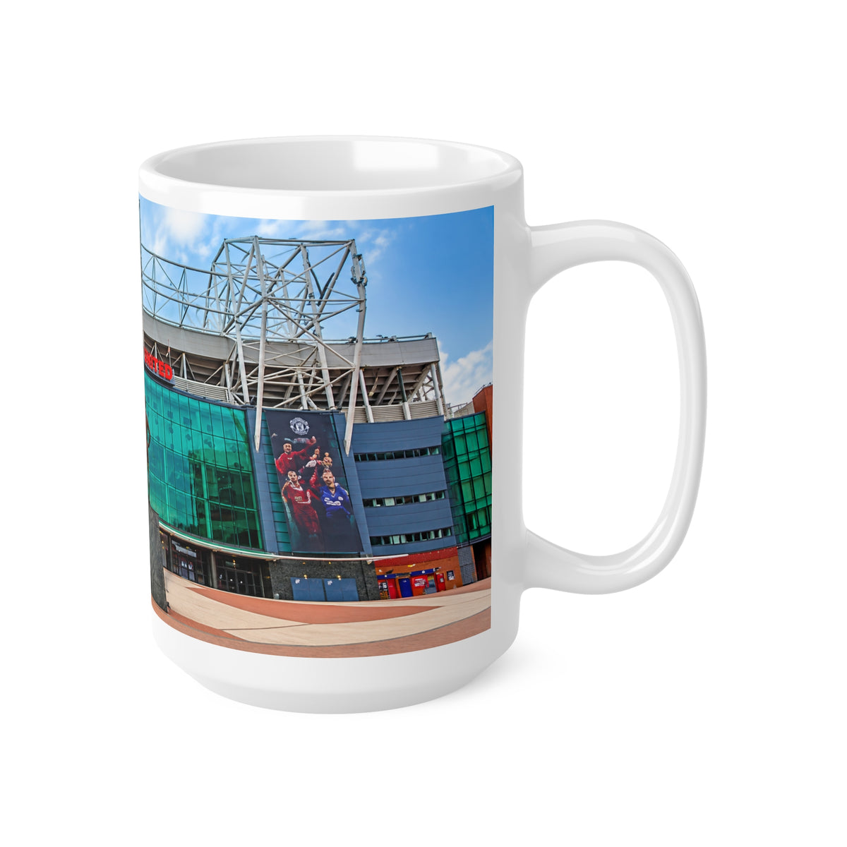 Manchester United Old Trafford Stadium Front Ceramic Coffee Mug — Iconic Football Statue & Facade 11oz/15oz