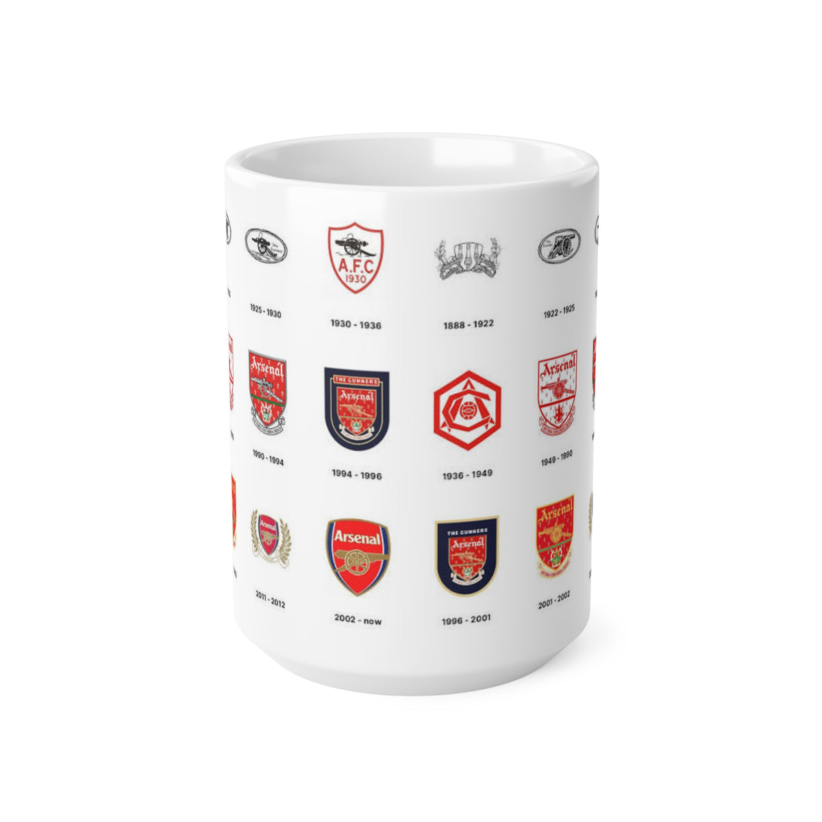 Arsenal Crest Evolution Coffee Mug — Timeline of Club Crests, 11oz & 15oz