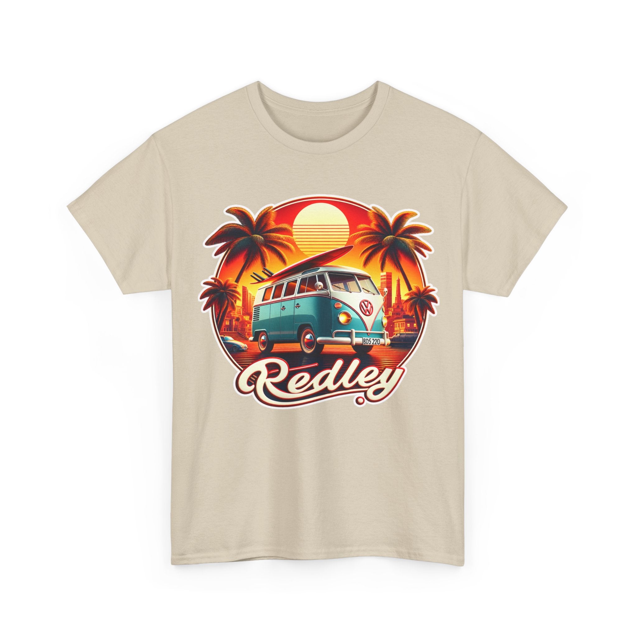 Vintage Surf Van T-Shirt – Retro Beach Sunset Tee with 'Redley' Script