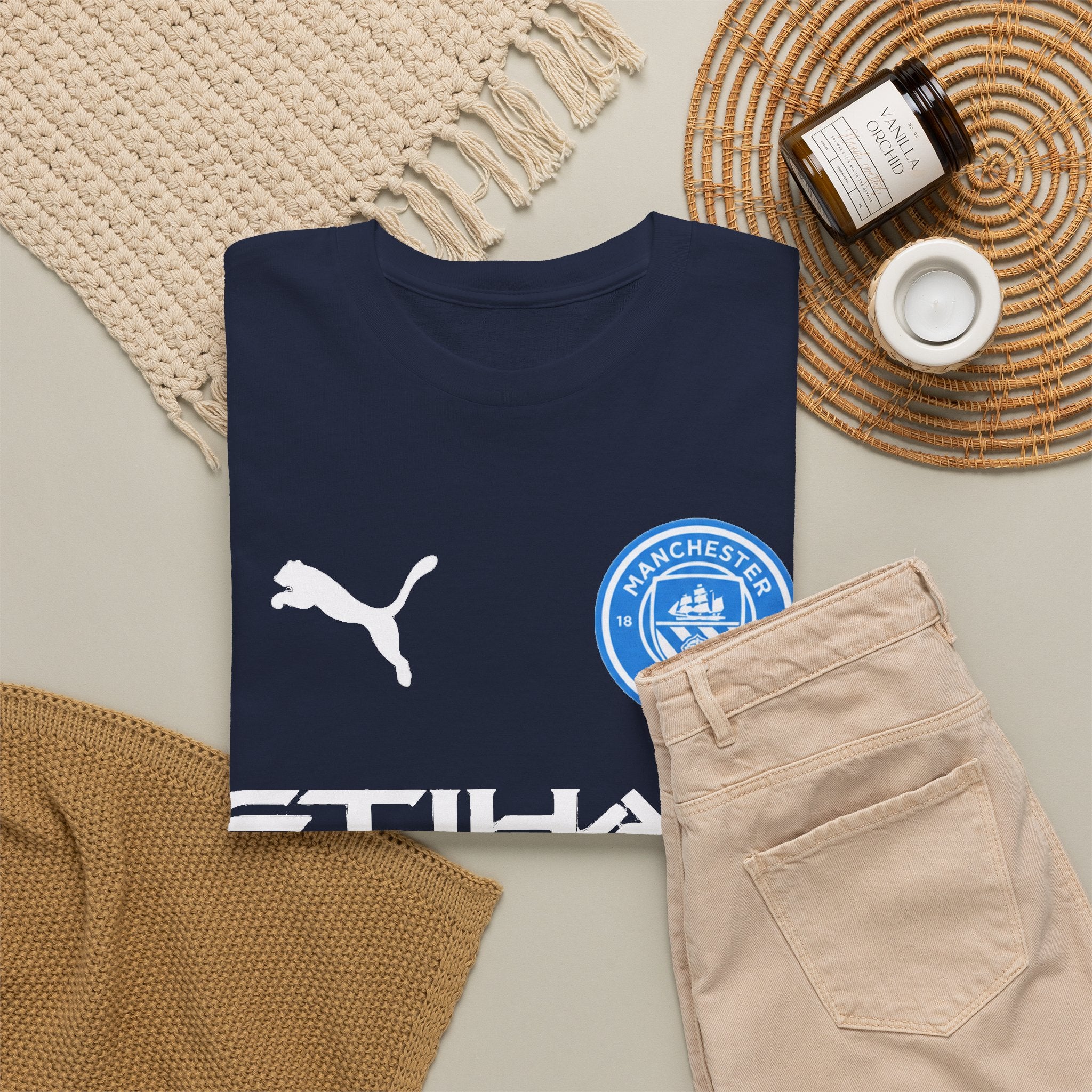 Man City Inspired Etihad Airways Logo Tee - Black Puma Style Football Shirt
