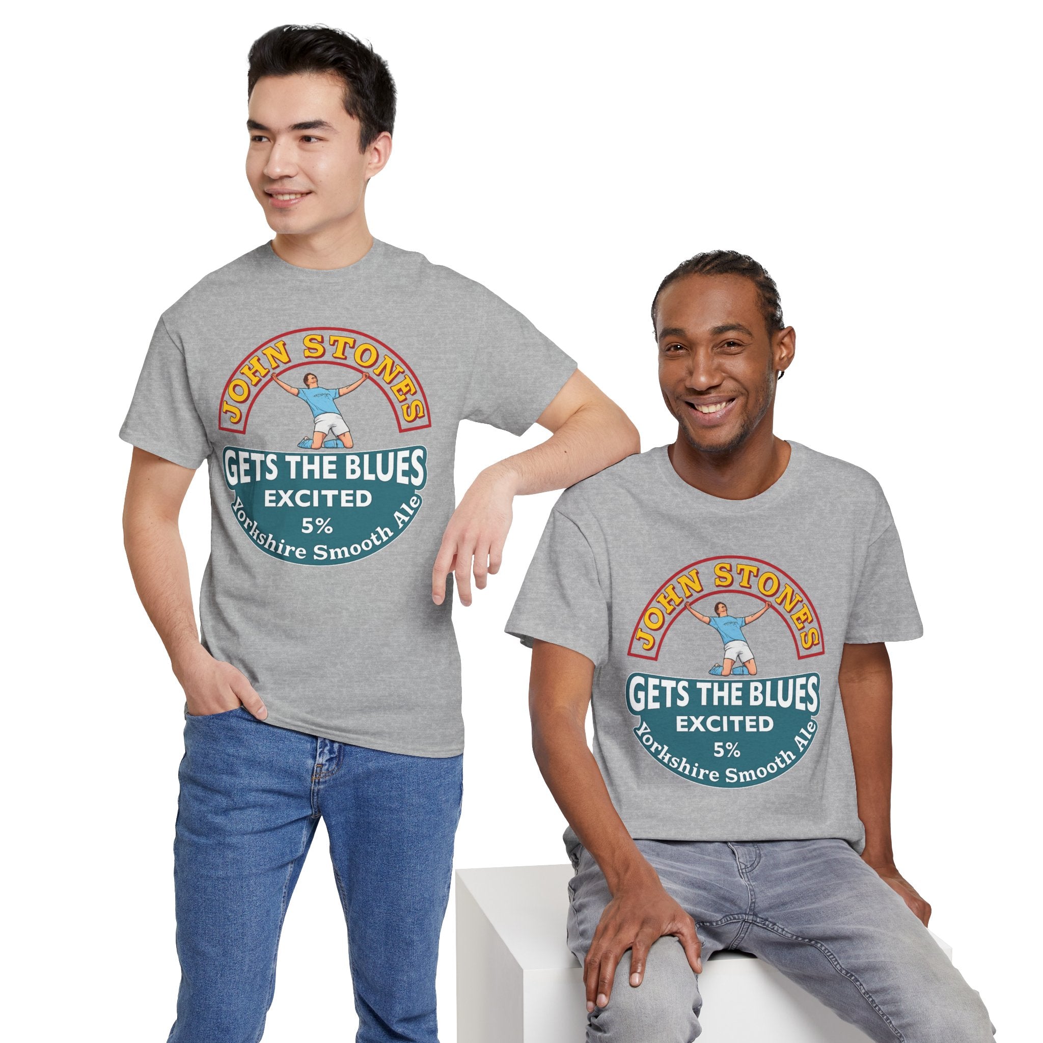John Stones T-Shirt — "Gets The Blues Excited" Retro Ale Parody Tee