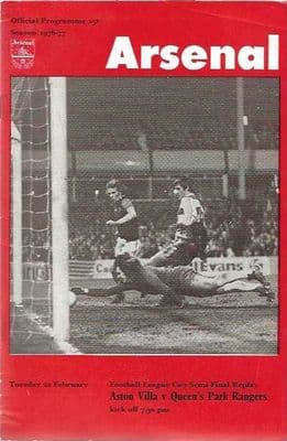 1977 League Cup Semi Final Replay Aston Villa v Queens Park Rangers Official Match Programme 22/2/77