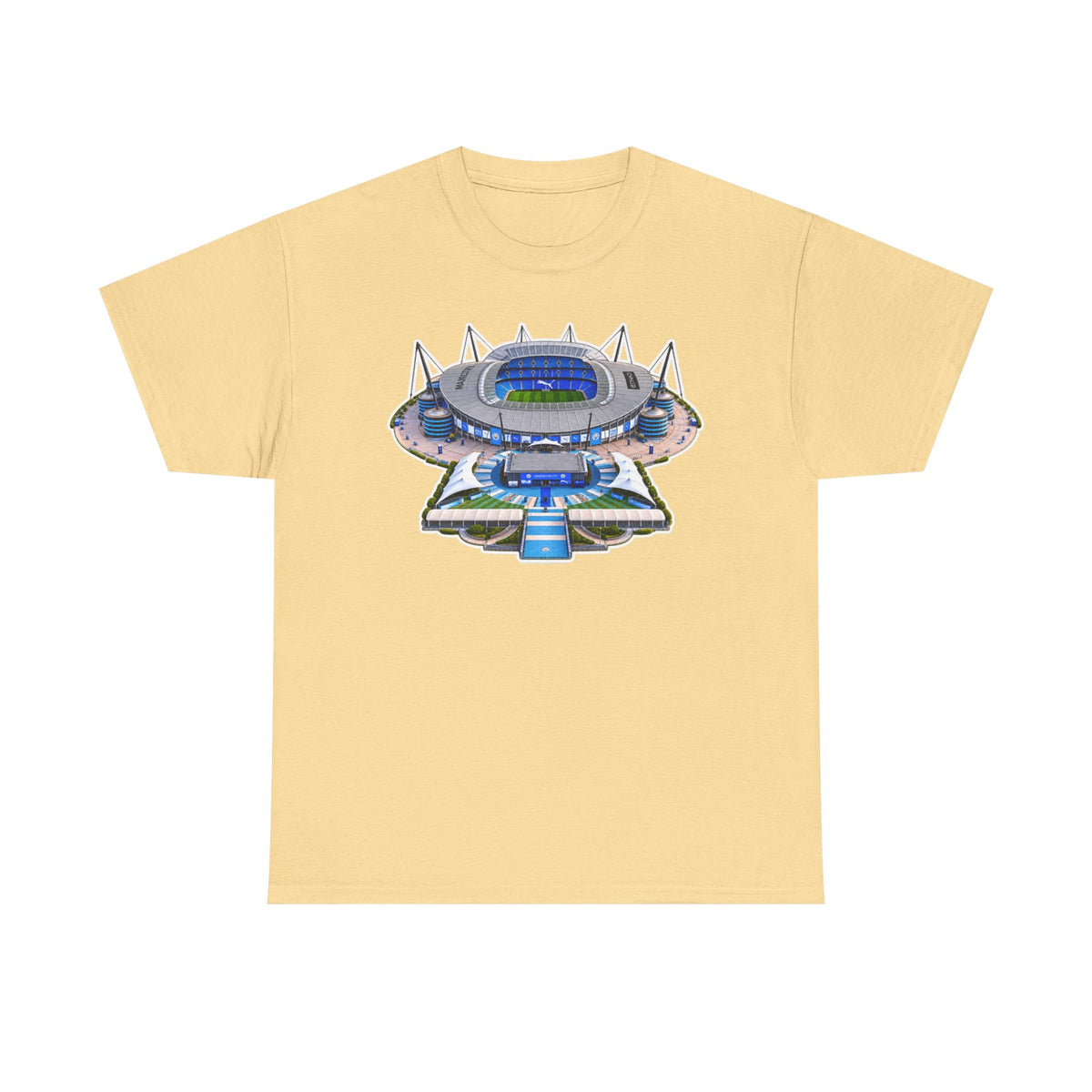 Manchester City Etihad Stadium Illustration T-Shirt — Retro Soccer Arena Graphic Tee