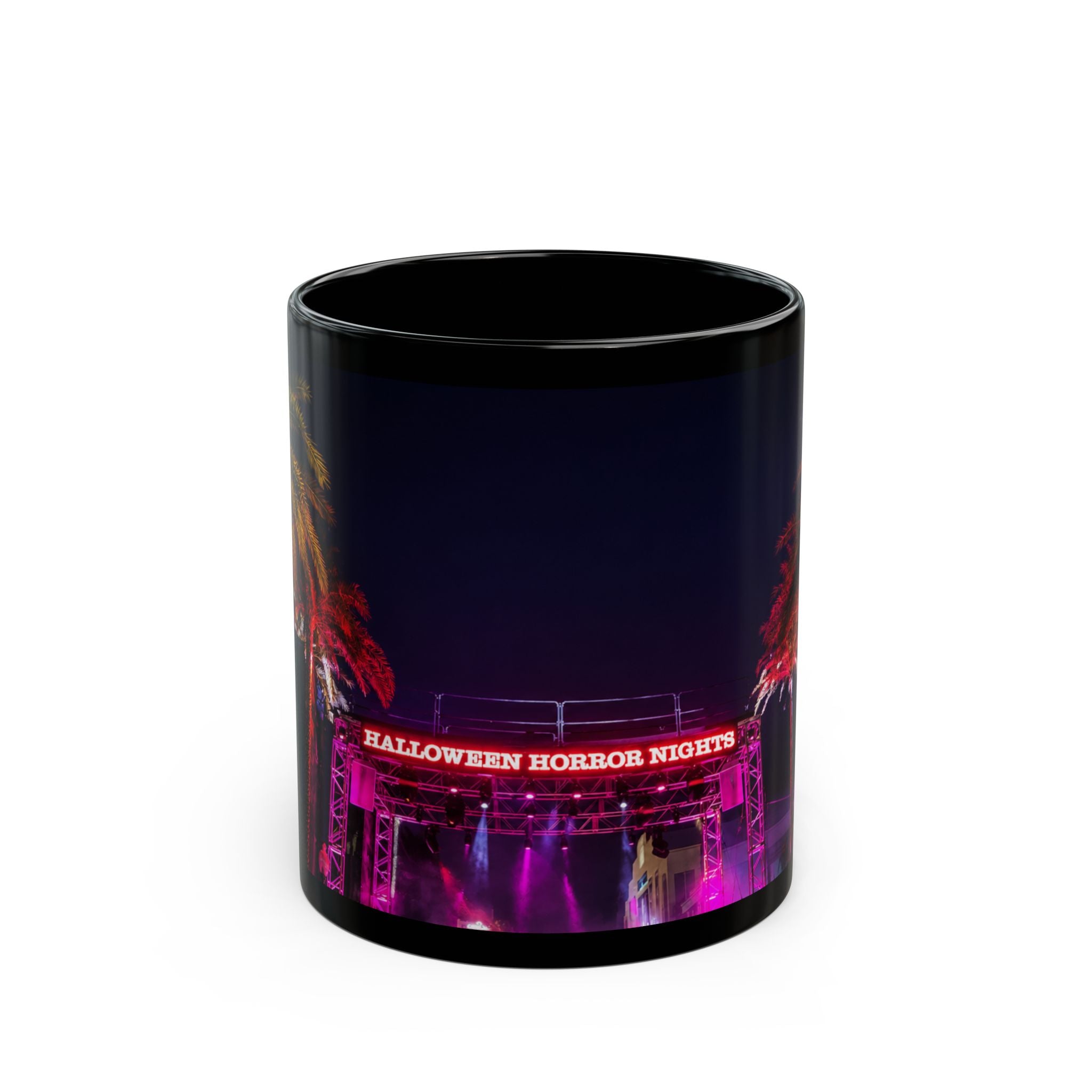 Halloween Horror Nights Black Mug — Neon Palm Nightscape (11oz/15oz)
