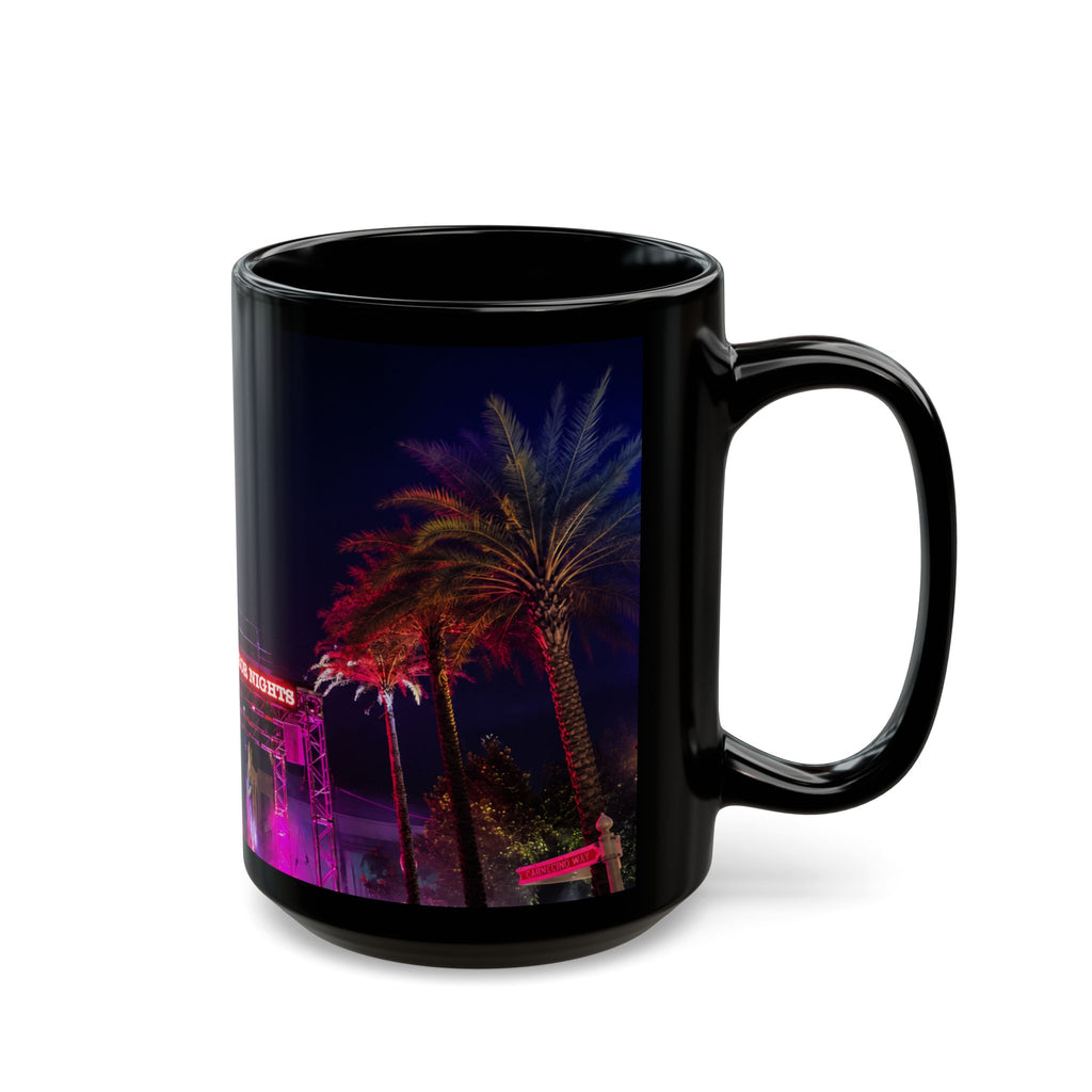 Halloween Horror Nights Black Mug — Neon Palm Nightscape (11oz/15oz)