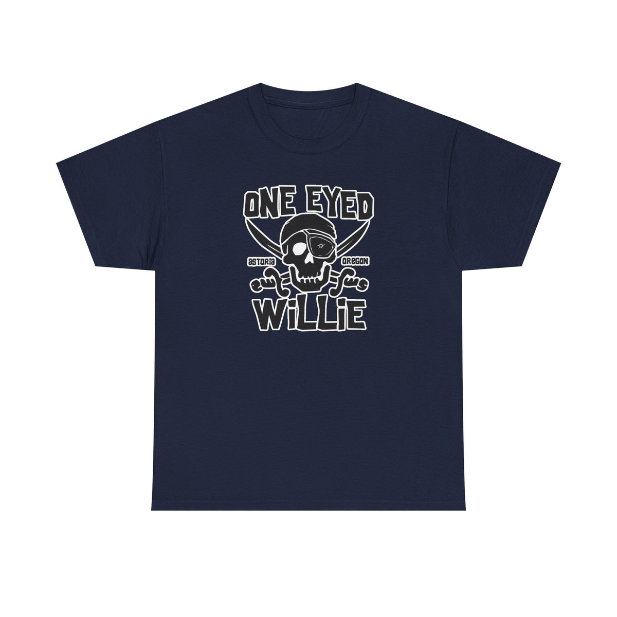 One Eyed Willie Pirate Skull Tee — Retro Nautical Adventure Graphic Shirt