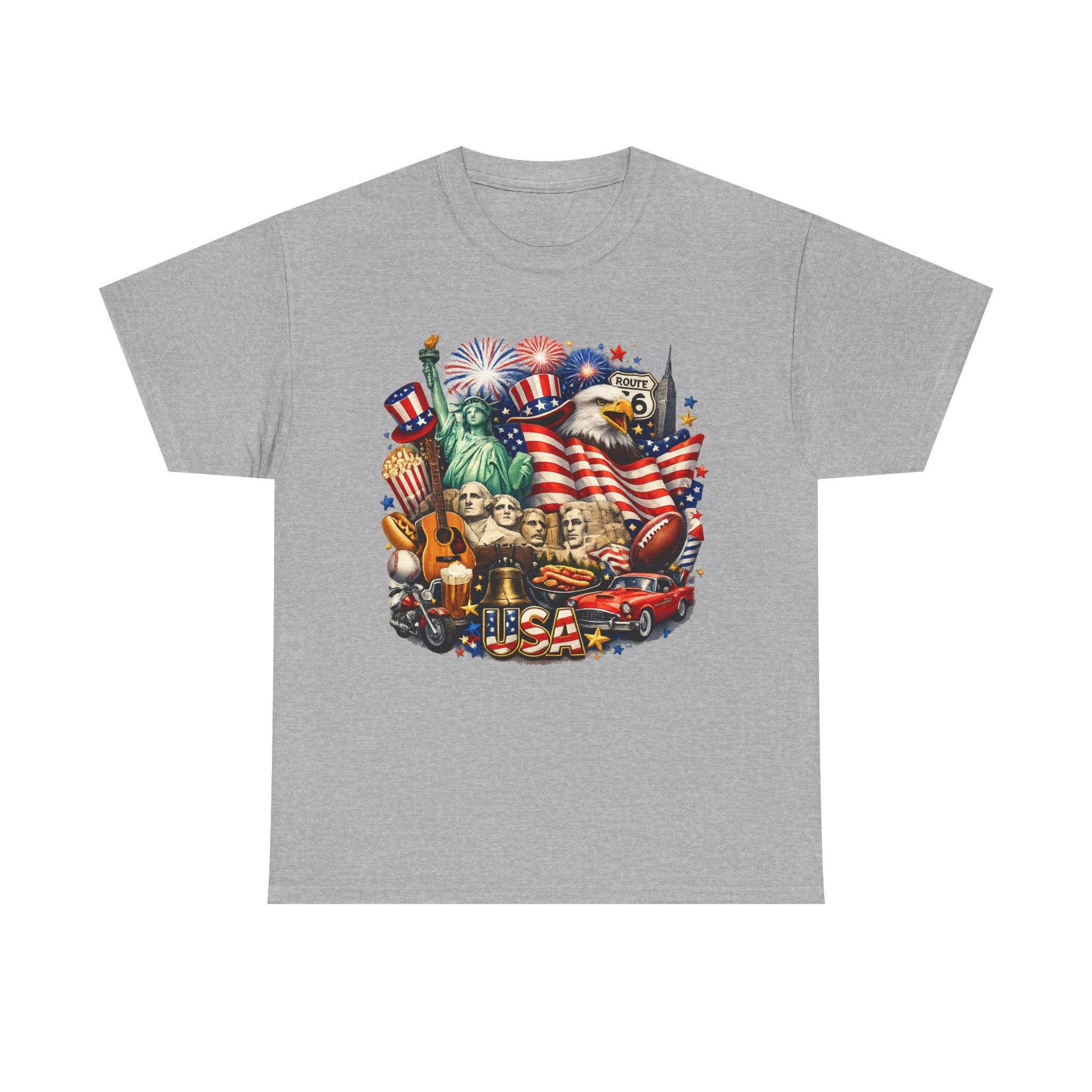 Patriotic USA Graphic Tee – American Flag, Statue of Liberty & Fireworks T-Shirt