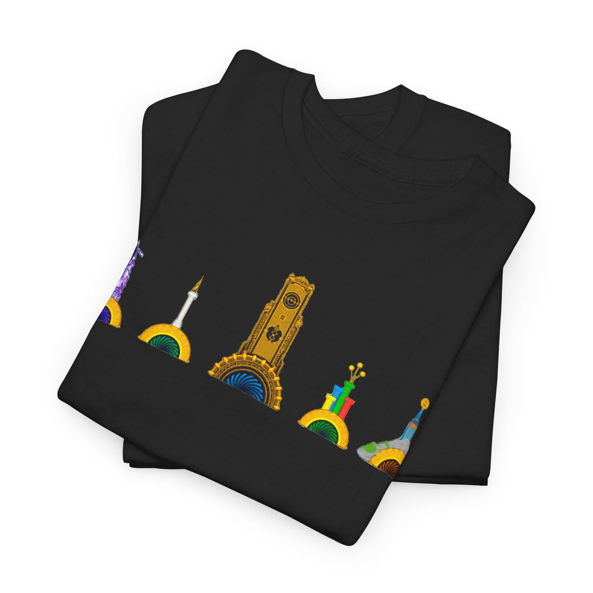 Epic Universe Portals Cotton T‑Shirt — Colorful Landmark Ring Icons Tee