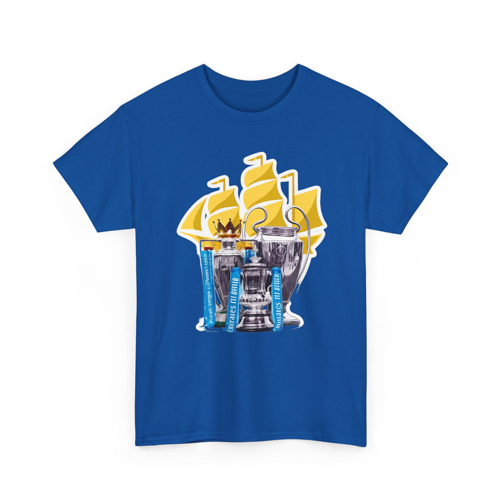 Manchester City Champions Trophy Tee – Golden Cups & Blue Scarves Football Fan Shirt