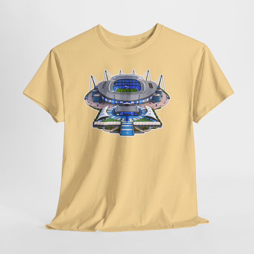 Manchester City Etihad Stadium Illustration T-Shirt — Retro Soccer Arena Graphic Tee