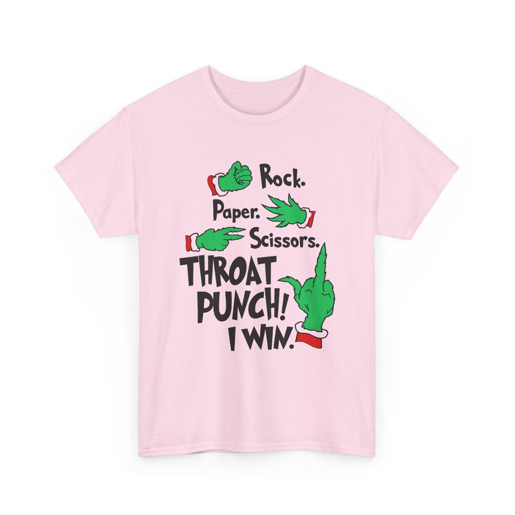 Funny Holiday Tee — "Rock. Paper. Scissors. Throat Punch! I Win" Graphic T-Shirt