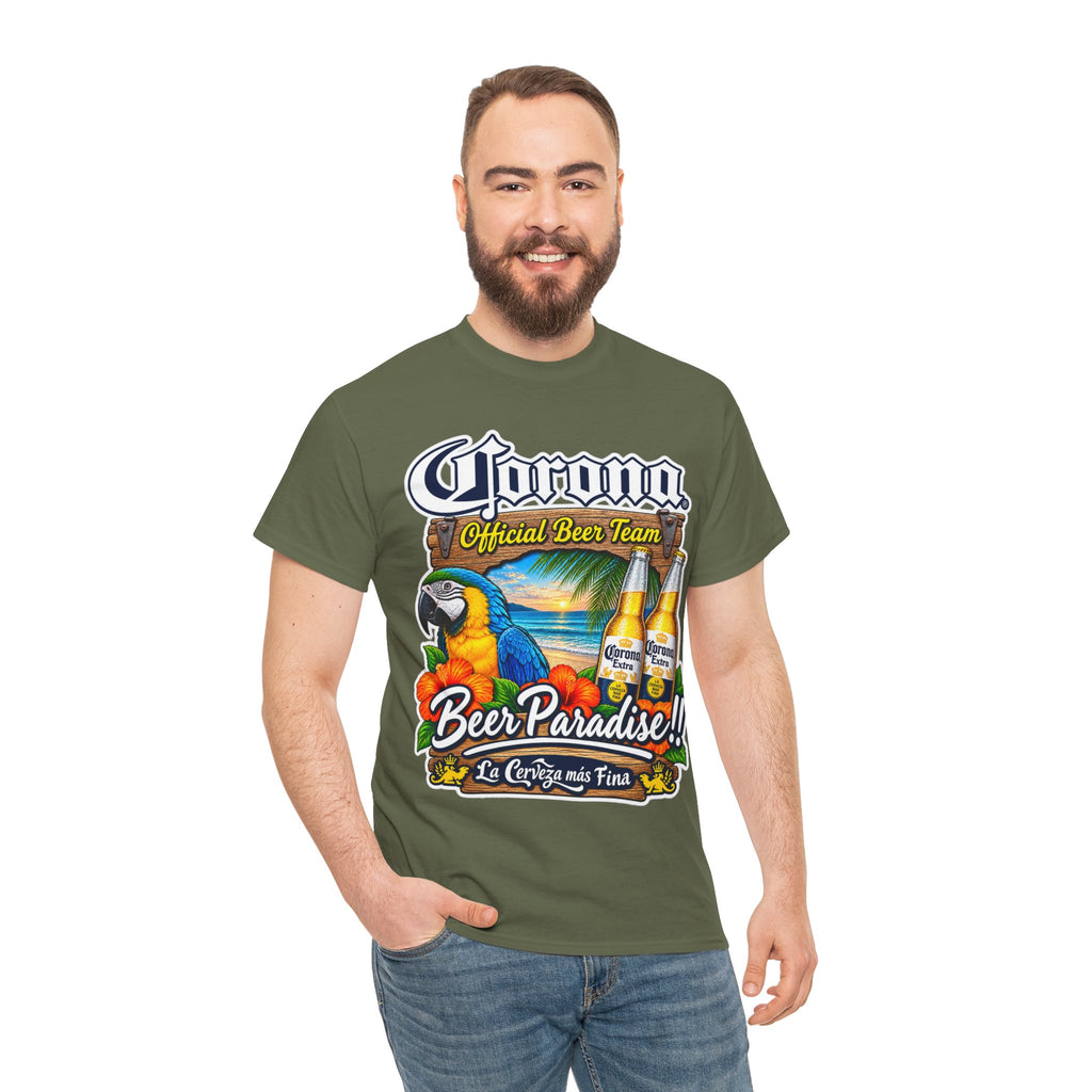 Corona Beer Paradise Tee — Tropical Parrot Beach Beer T‑Shirt
