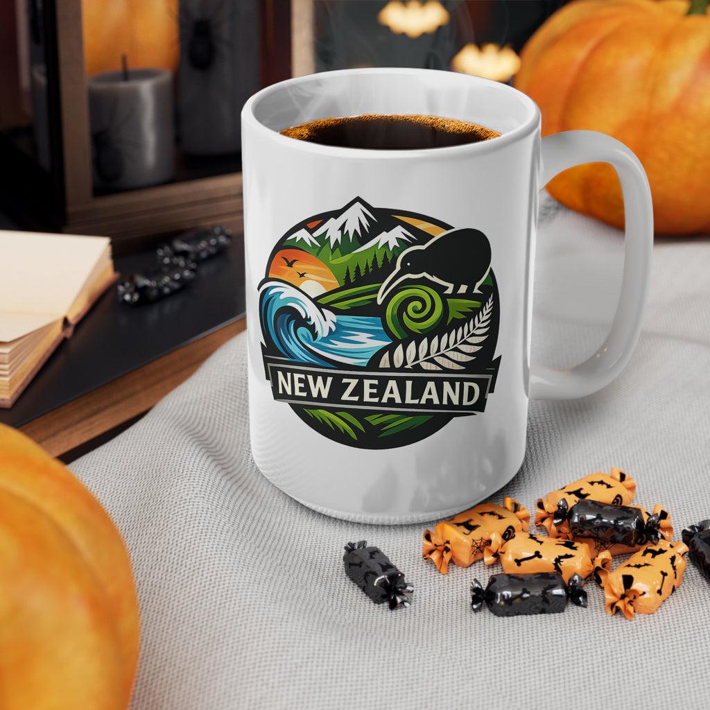 New Zealand Scenic Badge Ceramic Mug — Kiwi, Fern & Ocean Coffee Cup (11oz/15oz)