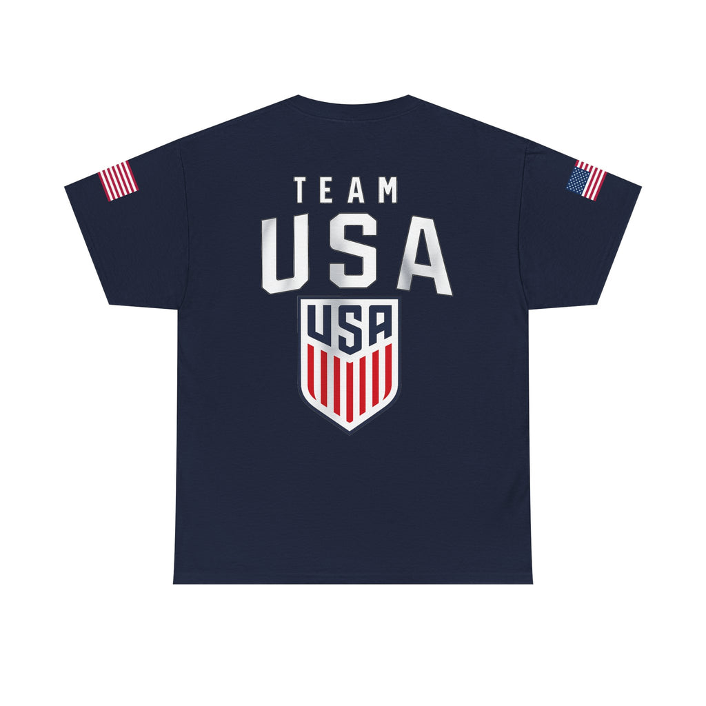 Team USA Flag T‑Shirt — Patriotic Navy Tee with Back Shield Logo