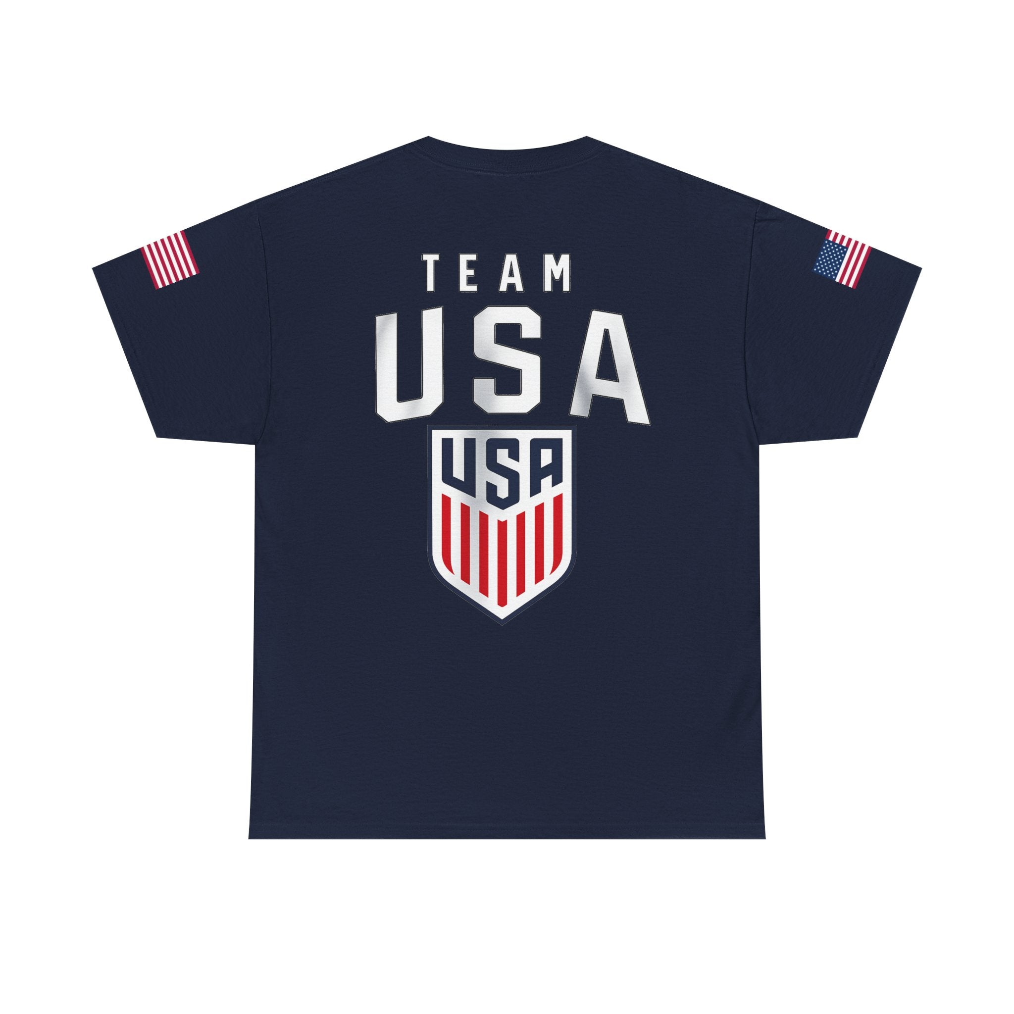 Team USA Flag T‑Shirt — Patriotic Navy Tee with Back Shield Logo